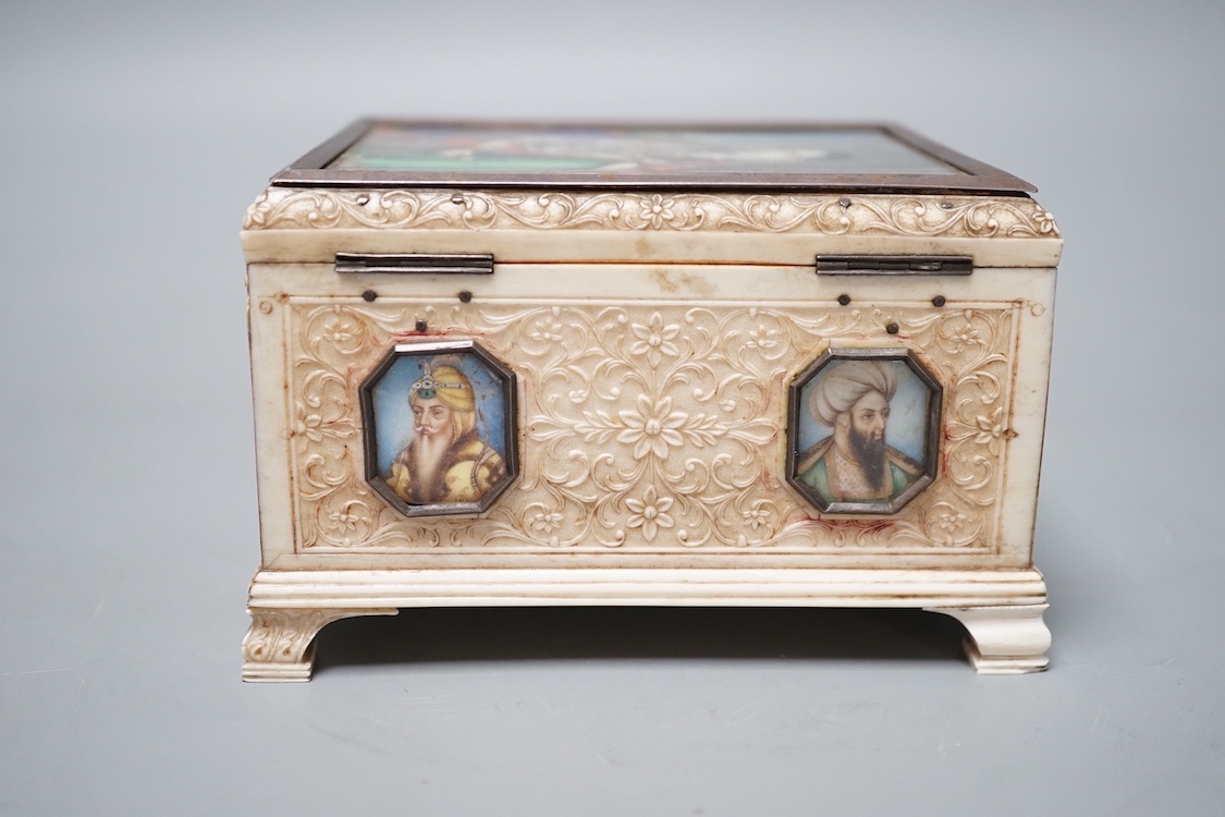 A Company School ivory box, India, 19th century 7.5cm high, 12cm long, 9.5cm wide, inset with miniatures of royalty